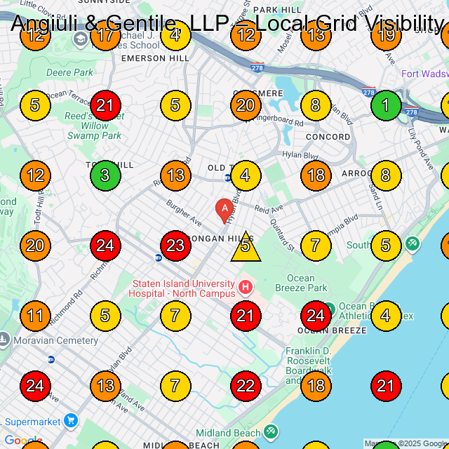 Angiuli & Gentile, LLP Legal Services GeoGrid ranking map for Staten Island NY